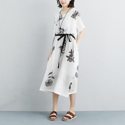 Summer Pockets Flower Short Sleeve White Lacing Dress