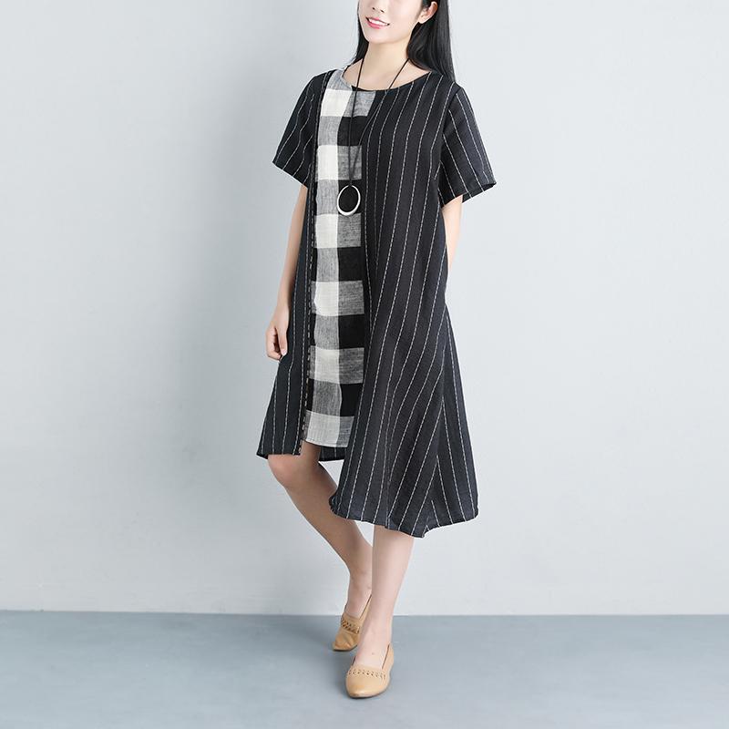 Stripe Summer Short Sleeve Casual Pockets Black Dress