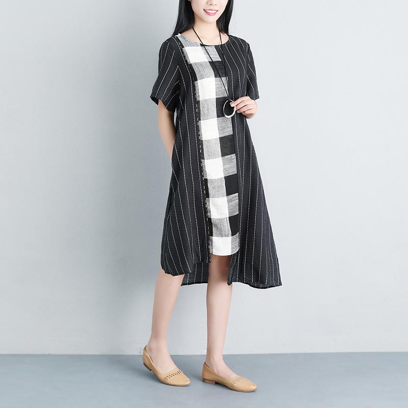 Stripe Summer Short Sleeve Casual Pockets Black Dress