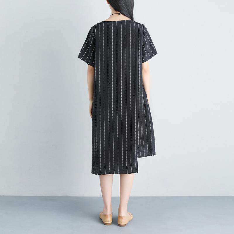 Stripe Summer Short Sleeve Casual Pockets Black Dress