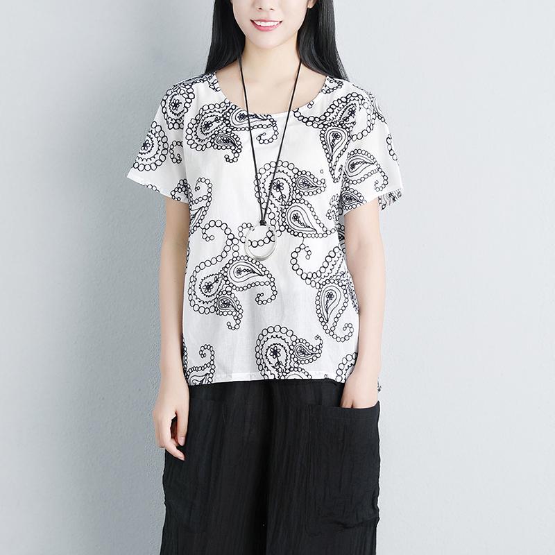 Summer Women Short Sleeve Floral High-low Hem Loose Blouse