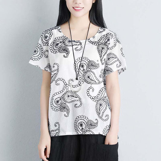 Summer Women Short Sleeve Floral High-low Hem Loose Blouse