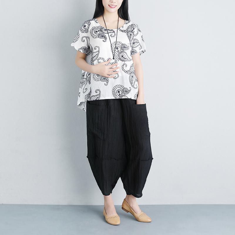 Summer Women Short Sleeve Floral High-low Hem Loose Blouse