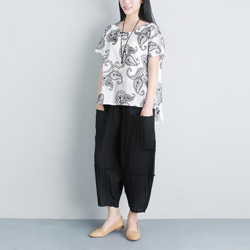 Summer Women Short Sleeve Floral High-low Hem Loose Blouse