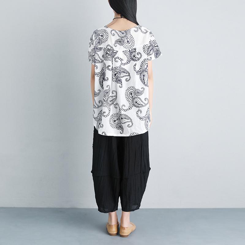 Summer Women Short Sleeve Floral High-low Hem Loose Blouse