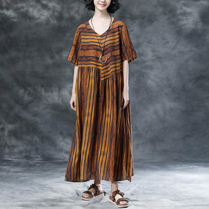 Stripe Casual Pockets Summer Short Sleeve Pleated Dress