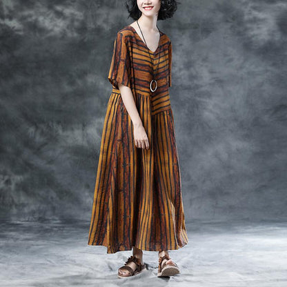 Stripe Casual Pockets Summer Short Sleeve Pleated Dress