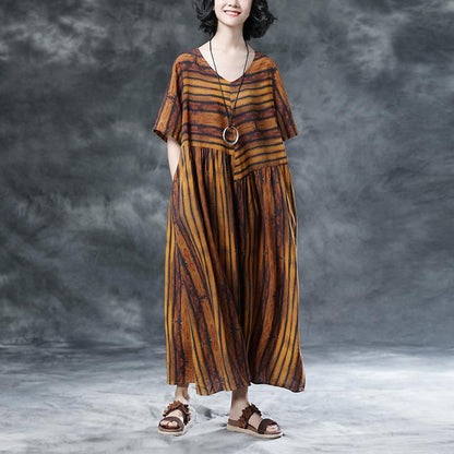 Stripe Casual Pockets Summer Short Sleeve Pleated Dress