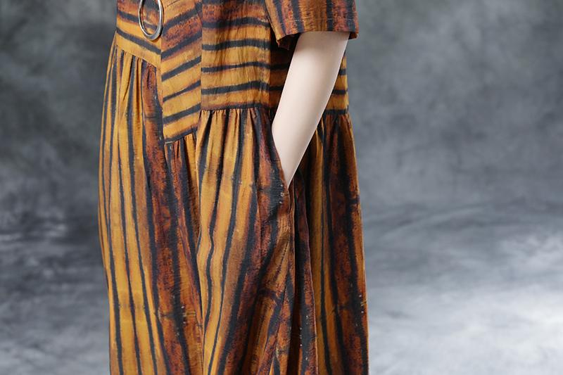 Stripe Casual Pockets Summer Short Sleeve Pleated Dress