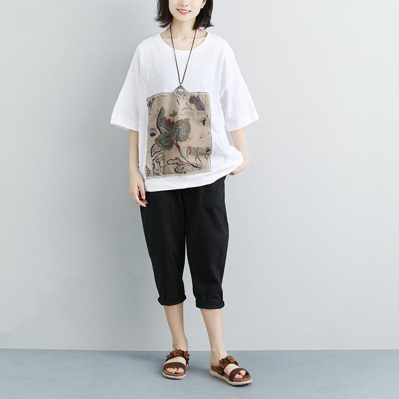 Women Casual Short Sleeve Stripe Flower White Tops