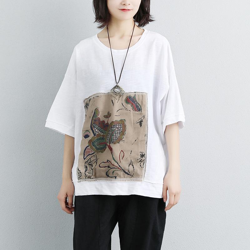 Women Casual Short Sleeve Stripe Flower White Tops