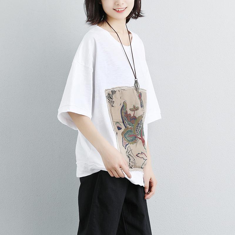 Women Casual Short Sleeve Stripe Flower White Tops