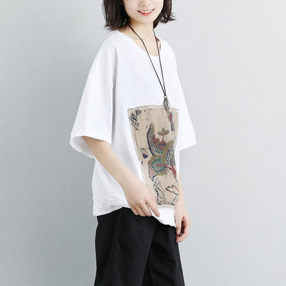 Women Casual Short Sleeve Stripe Flower White Tops