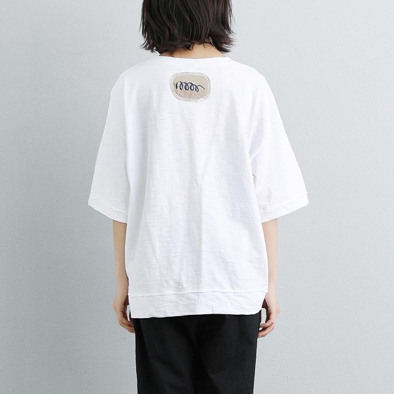 Women Casual Short Sleeve Stripe Flower White Tops