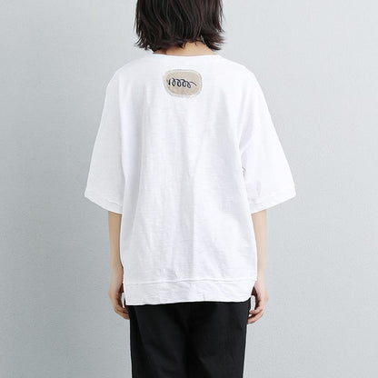 Women Casual Short Sleeve Stripe Flower White Tops