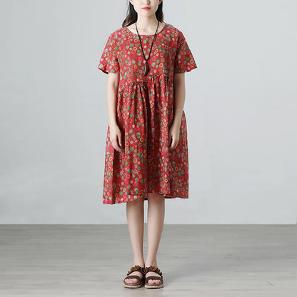 Floral Retro Summer Short Sleeve Pockets Red Dress
