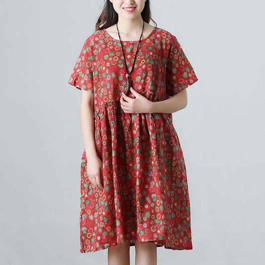 Floral Retro Summer Short Sleeve Pockets Red Dress