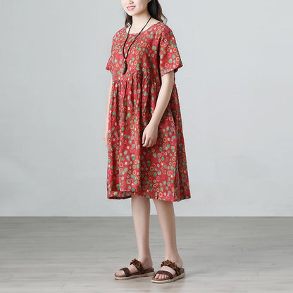 Floral Retro Summer Short Sleeve Pockets Red Dress
