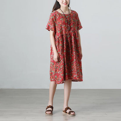 Floral Retro Summer Short Sleeve Pockets Red Dress