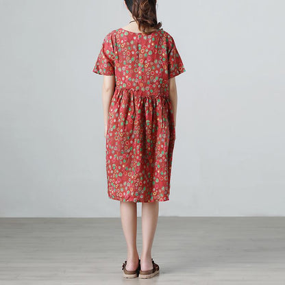 Floral Retro Summer Short Sleeve Pockets Red Dress