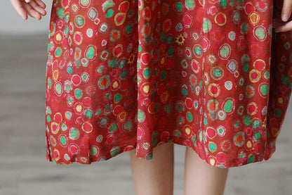 Floral Retro Summer Short Sleeve Pockets Red Dress