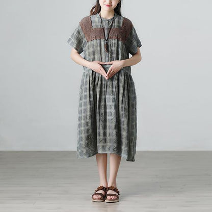 Plaid Casual Pleated Summer Short Sleeve Pockets Applique Dress