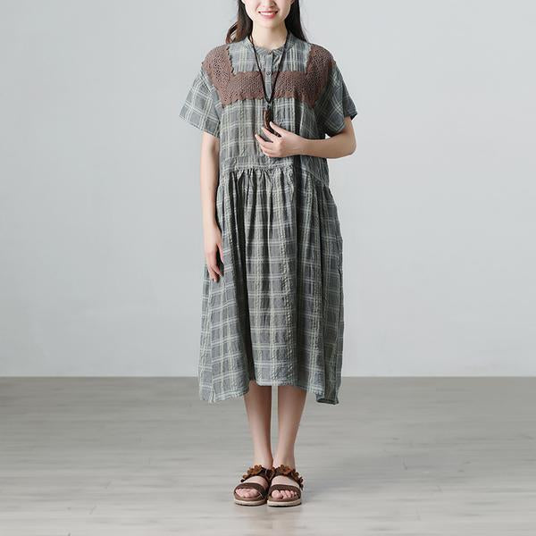 Plaid Casual Pleated Summer Short Sleeve Pockets Applique Dress
