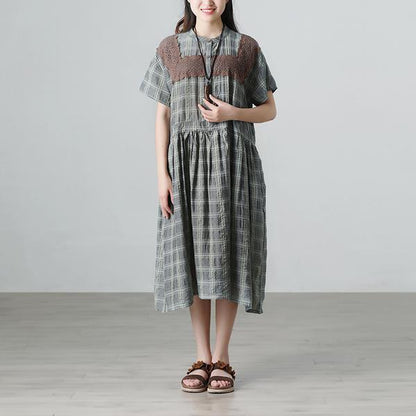 Plaid Casual Pleated Summer Short Sleeve Pockets Applique Dress