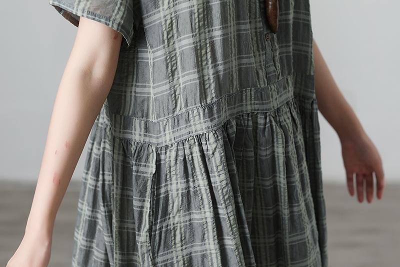 Plaid Casual Pleated Summer Short Sleeve Pockets Applique Dress