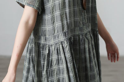 Plaid Casual Pleated Summer Short Sleeve Pockets Applique Dress