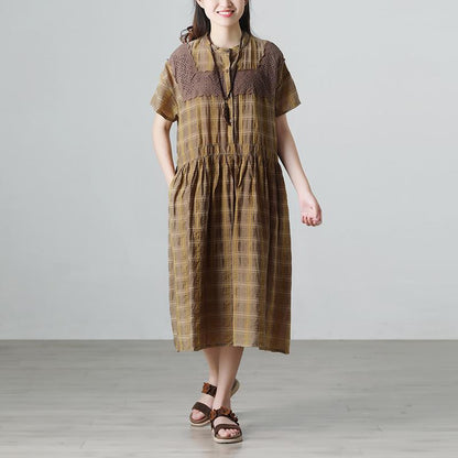 Plaid Casual Pleated Summer Short Sleeve Pockets Applique Dress