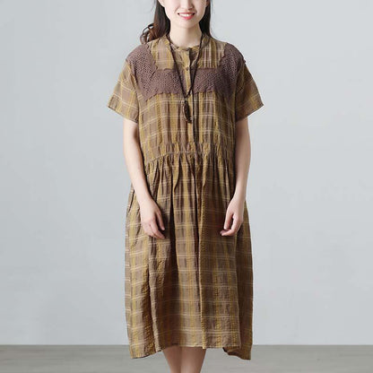 Plaid Casual Pleated Summer Short Sleeve Pockets Applique Dress