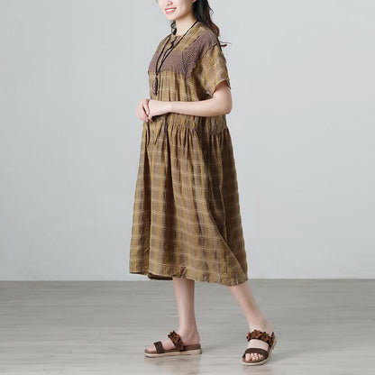 Plaid Casual Pleated Summer Short Sleeve Pockets Applique Dress