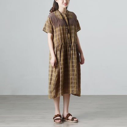 Plaid Casual Pleated Summer Short Sleeve Pockets Applique Dress