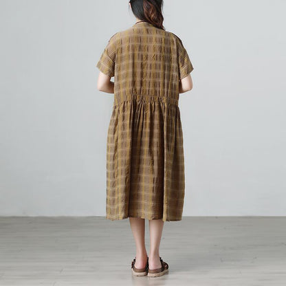 Plaid Casual Pleated Summer Short Sleeve Pockets Applique Dress