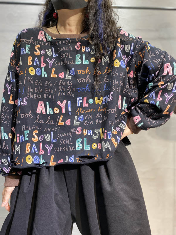 Fashion Contrast Color Printed Long Sleeves Torn Sweatshirt Top