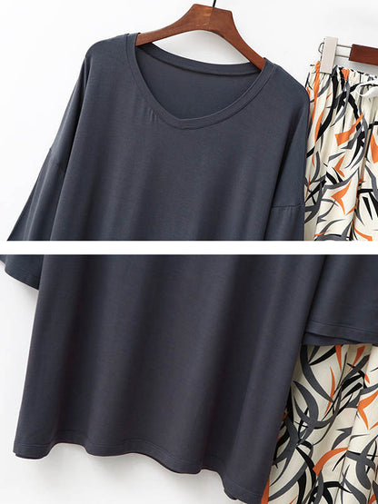 Casual Loose Seven-Quarter Sleeves V-Neck Shirts& Printed Pants Pajama Sets