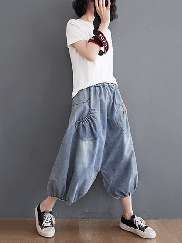 Loose Casual Elasticity High-Waist Wide Legs Jean Pants Knickerbockers