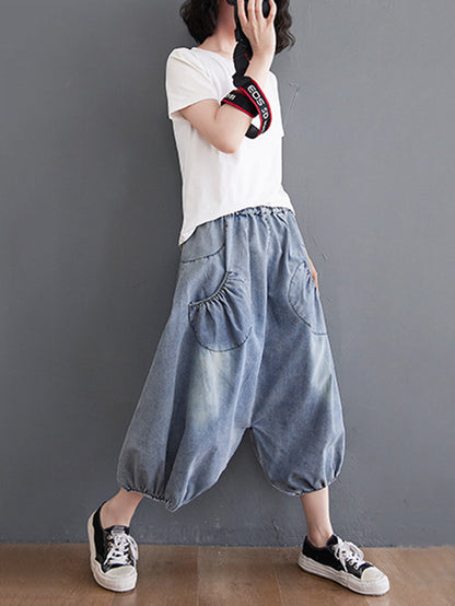 Loose Casual Elasticity High-Waist Wide Legs Jean Pants Knickerbockers
