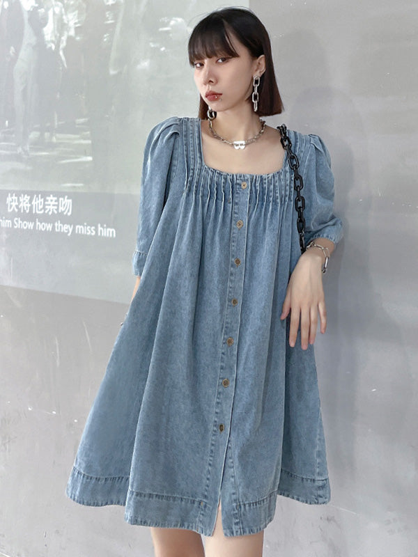 Stylish Denim Blue Pleated Square-Neck Half Sleeves H-Line Mini Dress