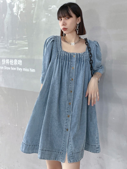 Stylish Denim Blue Pleated Square-Neck Half Sleeves H-Line Mini Dress