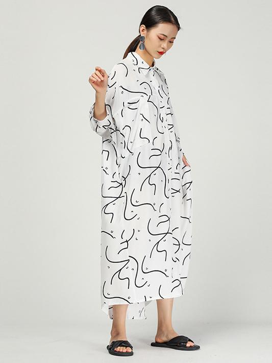 Original Ramie Cotton Printed Lapel Long Blouse Dress