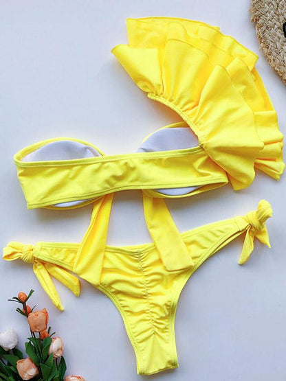 Strapless One-Shoulder Falbala Bandage Bikini Swimsuit