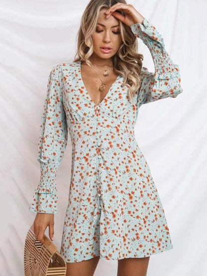 V-neck Floral Long Sleeves Button Front Mini Dress