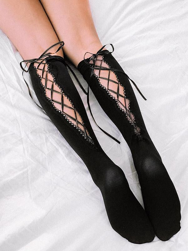 Sexy Cross Straps Hollow Mid Stocking