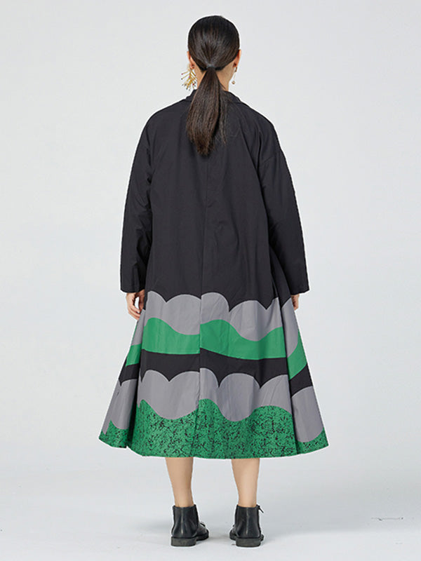 Original Buttoned Contrast Color Lapel Long Sleeves Midi Dress