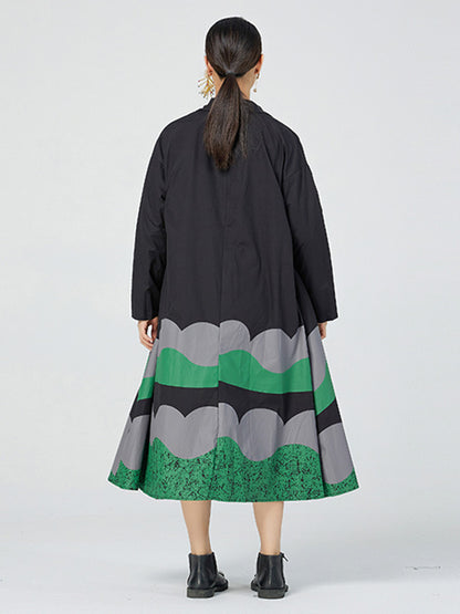 Original Buttoned Contrast Color Lapel Long Sleeves Midi Dress