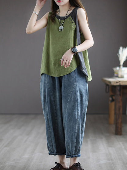 Leisure Split-Joint Linen Contrast Color Round-Neck Vest