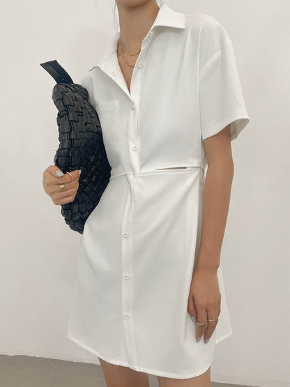 Original Solid Color Short Sleeve Lapel Shirt Dress
