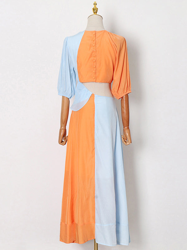 Stylish Contrast Color Split-Joint Round-Neck Raglan Sleeve Maxi Dress